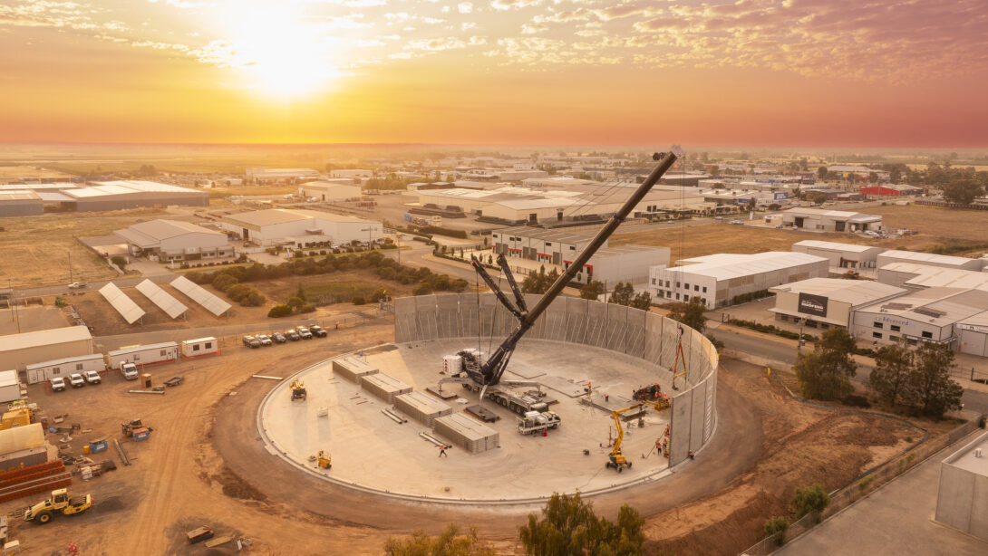 Leed - Image shows the Shepparton Clear Water Storage tank with about half of its vertical panels installed.