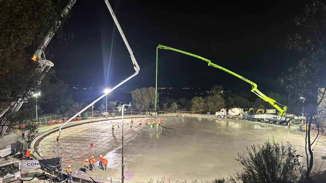Leed - Overnight concrete slab pour underway for the 19.6ML Jerrabomberra concrete reservoir in regional NSW.
